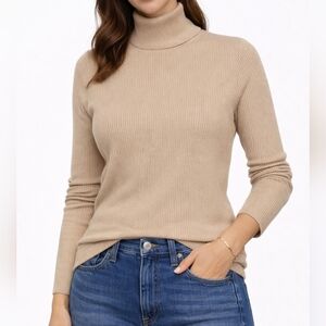 Perry Ellis Cotton Mock Neck Beige Turtleneck Sweater Large Cozy Long Sleeve L